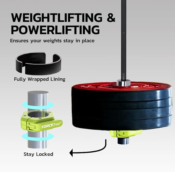 Forcefree+ Barbell Clips (Pair), Barbell Clamps, Quick Release Olympic Barbell Clamps with Anti Slip TPR Grip, Barbell Collars for Secure Weightlifting & Powerlifting (Non Magnetic, Green)