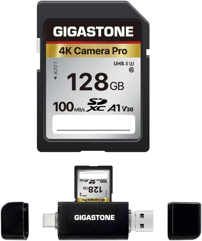 【5-Years Data Recovery】 GIGASTONE 128GB SD Card with USB Type C Card Reader, 4K Camera Pro, UHS-I A1 V30 U3 SDXC Memory Card Compatible with Digital Camera, with 1 mini case
