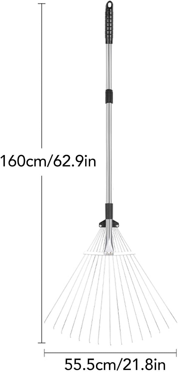 Adjustable Collapsible Garden Leaf Rake Aluminum Alloy Lawn Yard Rake for Leaf Cleaning Flower Bed and Outdoor Gardening (15 Teeth 81â160cm Length 18.5â55.5cm Width)