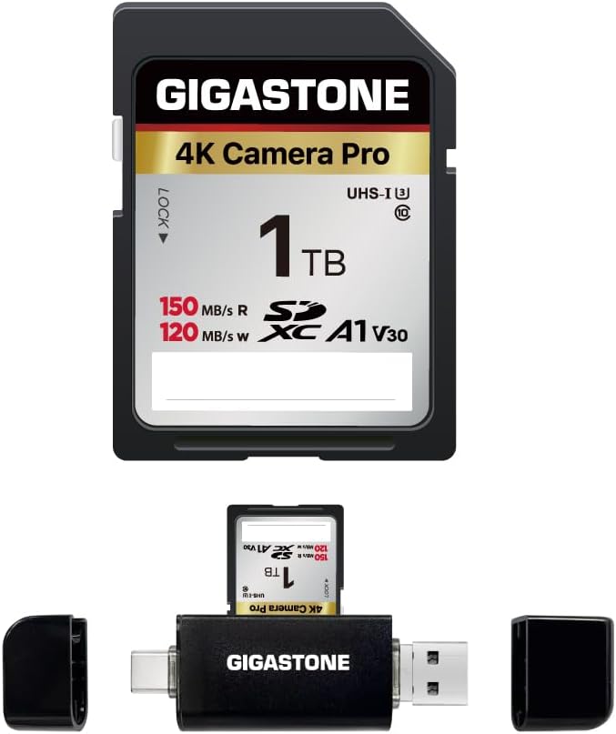 【5-Years Data Recovery】 GIGASTONE 1TB SD Card with USB Type C Card Reader, 4K Camera Pro, UHS-I A1 V30 U3 SDXC Memory Card Compatible with Digital Camera, with 1 mini case