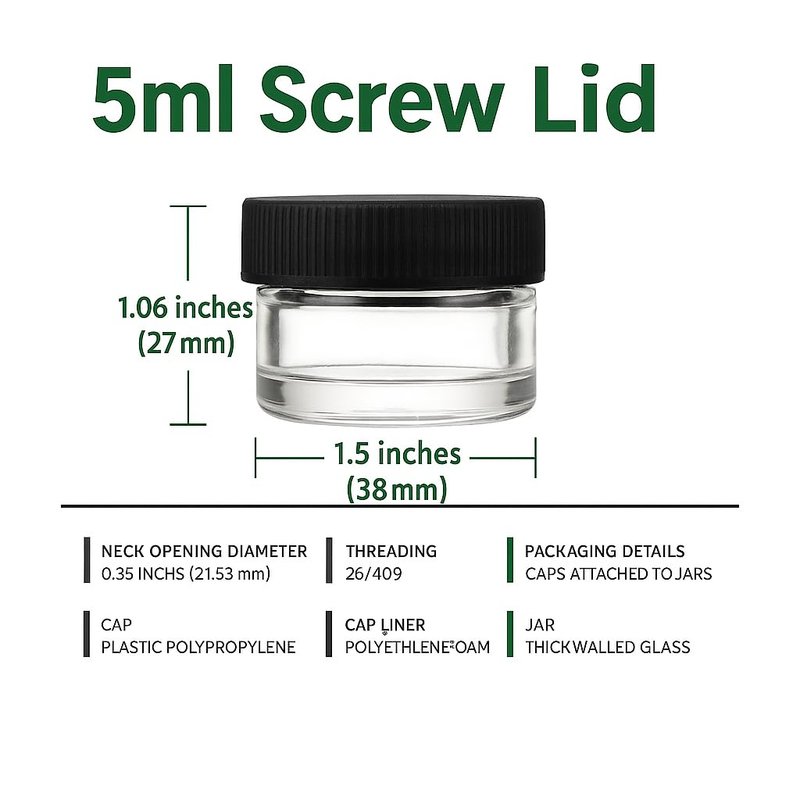 100 Pack 5ml Jar Screw Lid Black - Small Glass Cosmetic Packaging Container for Cream, Wax, and Balms