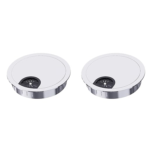 Skweawert 2 Pack Desk Grommet 2-3/8 Inch 60mm, Zinc Alloy Computer Desk Wire Hole Cover, Office Desktop Cord Cable Hole Metal Ring, Bright Silver