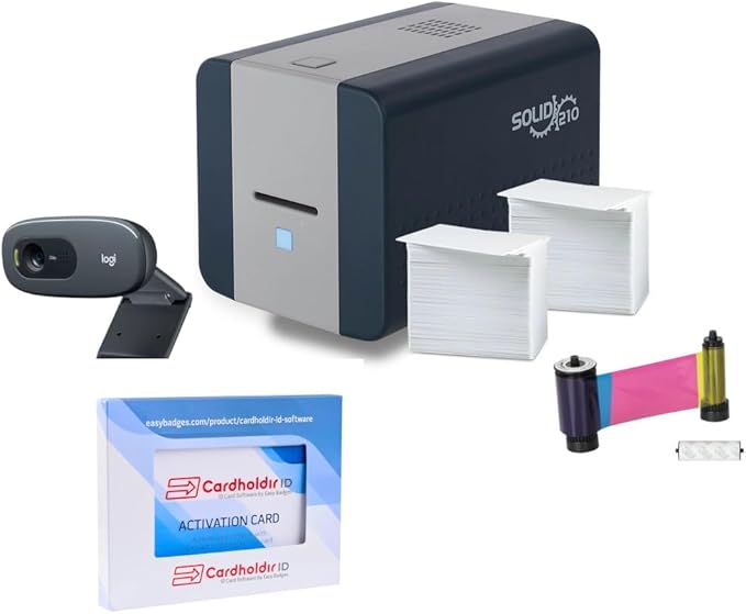 Cardholdir ID Easy Badges Solid 210 ID Badge Printer | with Beginner Software, HD Webcam, & Everything Needed to Design and Print 200 ID Cards, | Single Sided Employee & Student ID Card Printer