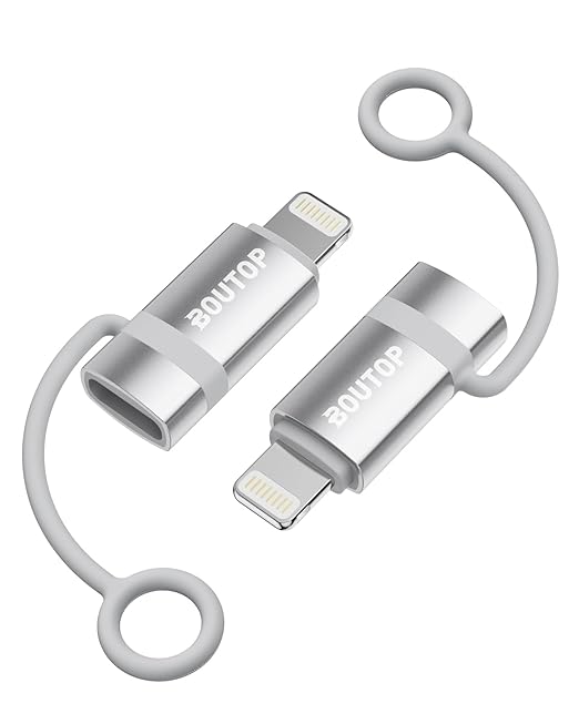 BOUTOP [MFi Certified] 36W USB C to Lightning Adapter, Support PD Fast Charging Compatible with iPhone iPad Airpods, with Anti-Lost Holder Silver -2 Pack