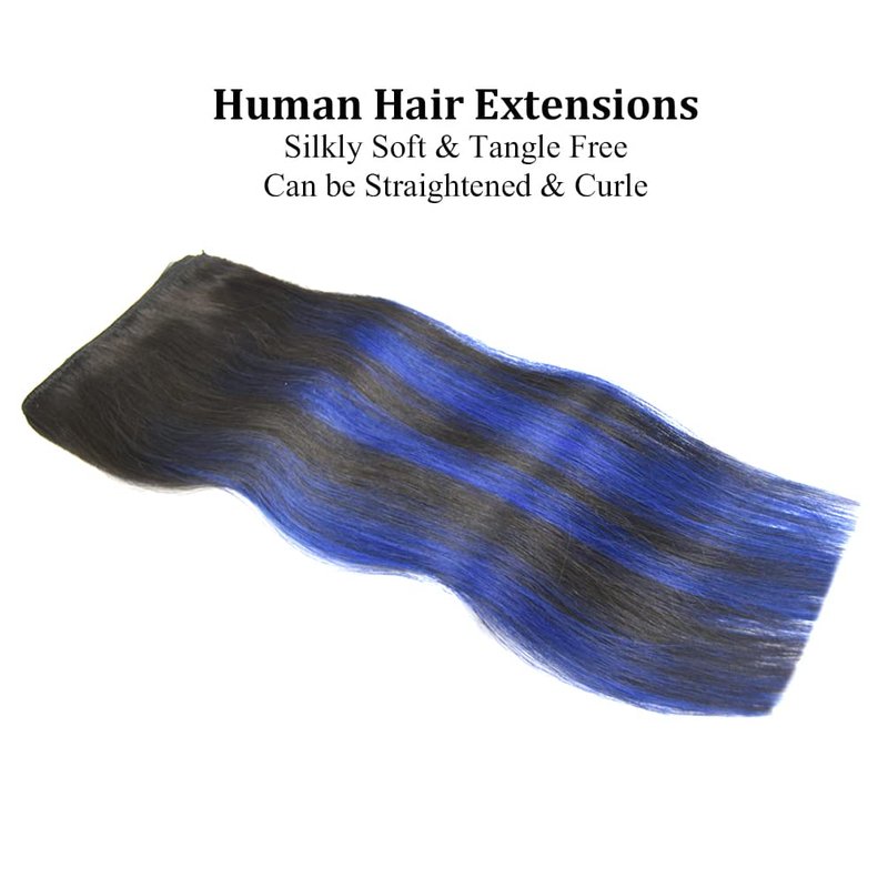16" Clip in Hair Extensions Remy Human Hair Blue Balayage for Women - Silky Straight 100% Real Human Hair 55grams 4pieces #(1B/Blue) T1B Color