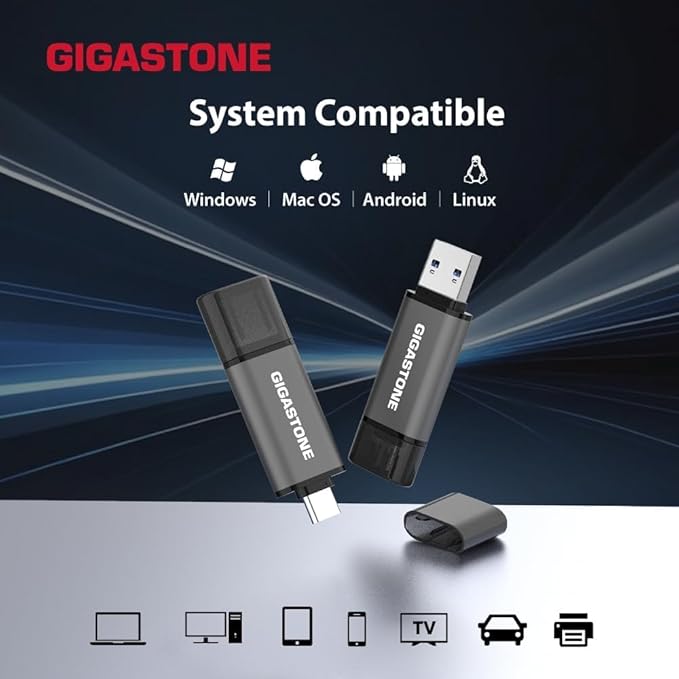 GIGASTONE 64GB Dual USB Flash Drive 5-Pack, USB 3.2 Gen 1, 2-in-1 USB C+A, Speed Up to 100MB/s, Head Cap Design Thumb Drive, Plug & Play for Smartphone/PC/Mac/TV/Car Audio, USB 2.0/3.0/3.1 Compatible