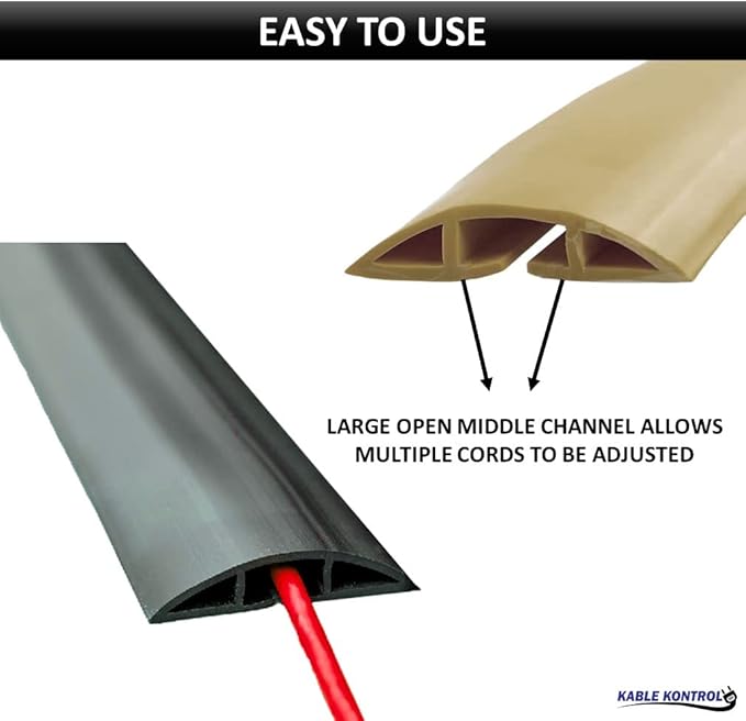 Kable Kontrol Floor Cord Cover kit - 6 Feet Long Black Plastic Cable Protector, Hides Cords and Conceals Wires, for Extension Cord Cable Management, Channel Size 0.75” W x 0.43” H