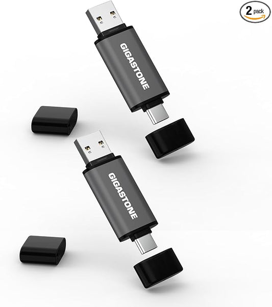 GIGASTONE 128GB Dual USB Flash Drive 2-Pack, USB 3.2 Gen 1, 2-in-1 USB C+A, Speed Up to 100MB/s, Head Cap Design Thumb Drive, Plug & Play for Smartphone/PC/Mac/TV/Car Audio, USB 2.0/3.0/3.1 Compatible