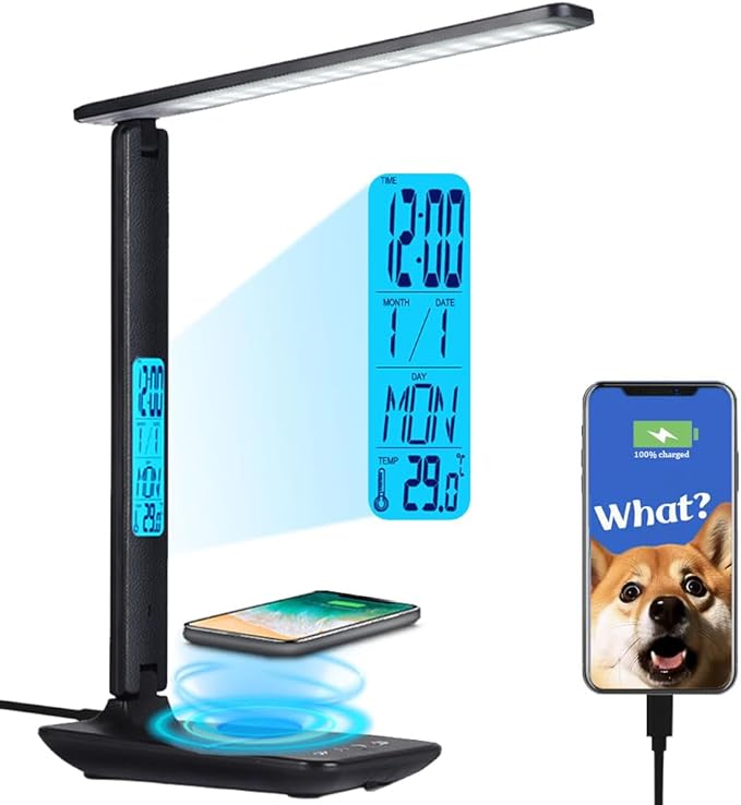 wanjiaone Multifunctional LED Desk Lamp with Wireless Charger,USB Charging Port,Clock,Phone Holder,Desk Lamps for Home Office,Eye-Caring Reading Lamp,Study Lamp for Boys,Girls,Teens,Black
