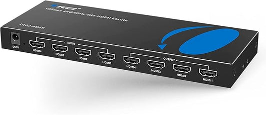 OREI 4K@60Hz 4×4 HDMI Matrix Switch with Downscaler & ARC, 18Gbps, HDCP 2.2, HDR, Audio Extraction (Optical & Analog), 4K-to-1080p Scaling, IR Remote (UHD-404R)