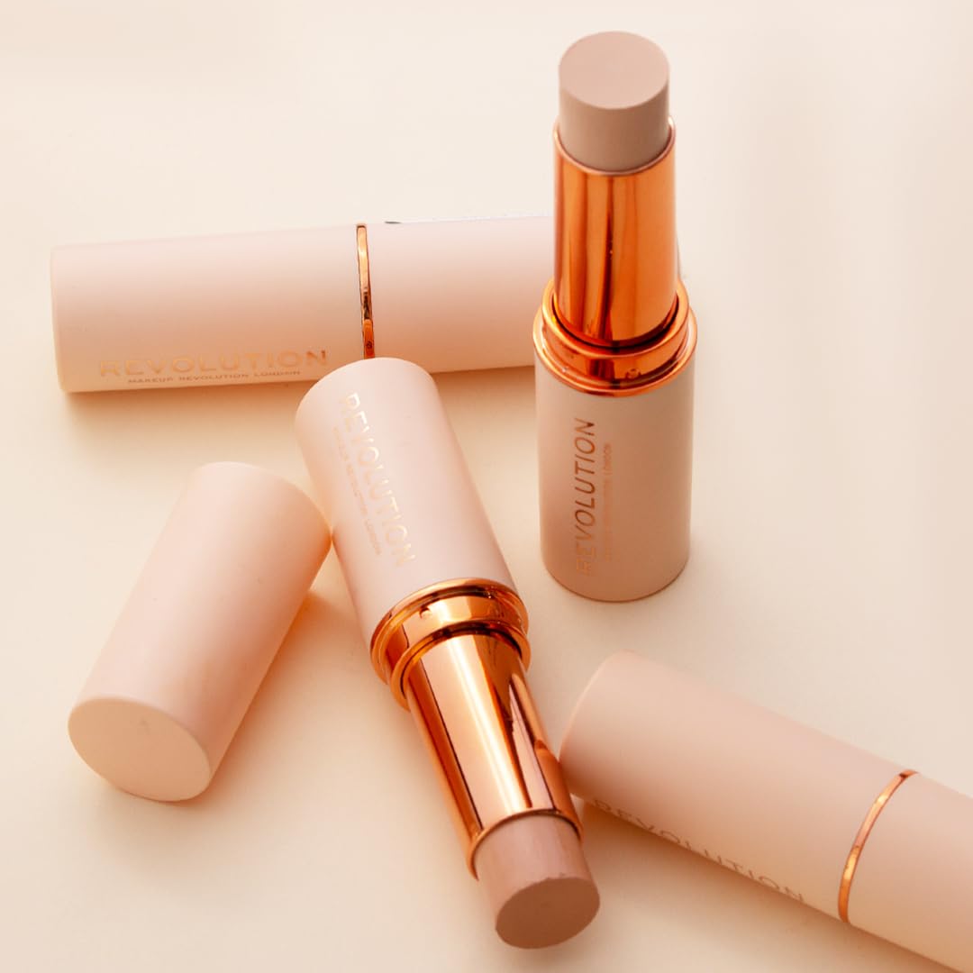 Makeup Revolution Fast Base Stick Foundation, Contour & Highlight, Flawless Skin & Matte Finish, F2 for Fair Skin Tones with Yellow Undertone, Vegan & Cruelty-Free, 0.21 Oz