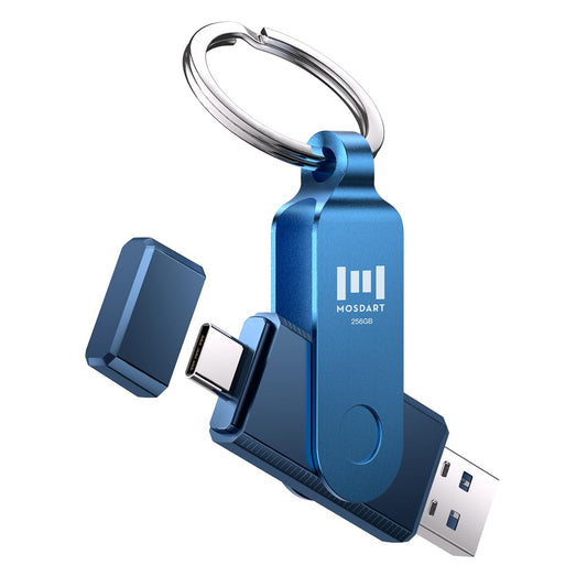 MOSDART 256GB Dual USB C 3.2 Flash Drive, Speed Up to 150MB/S Thumb Drive with Keychain, for iPhone 15,16, 17, Android Phone, iPad, MacBook, and Laptops, Navy Blue
