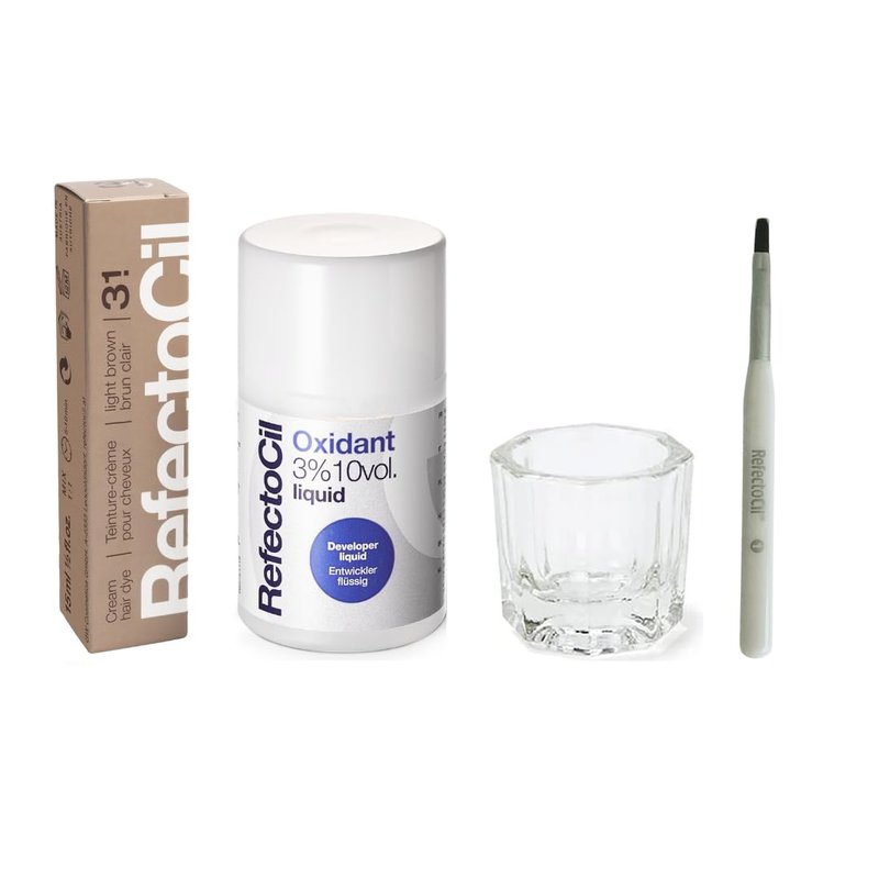RefectoCil Light Brown (#3.1) Hair Tinting Kit Includes Cream Hair Dye + Liquid Oxidant 3% + Mixing Brush & Mixing Dish