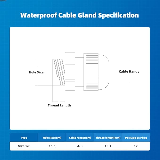 CGELE Cable Gland 12 Pack 3/8" NPT Waterproof Adjustable Connector Strain Relief Cord Connectors Joints Nylon with Gaskets…