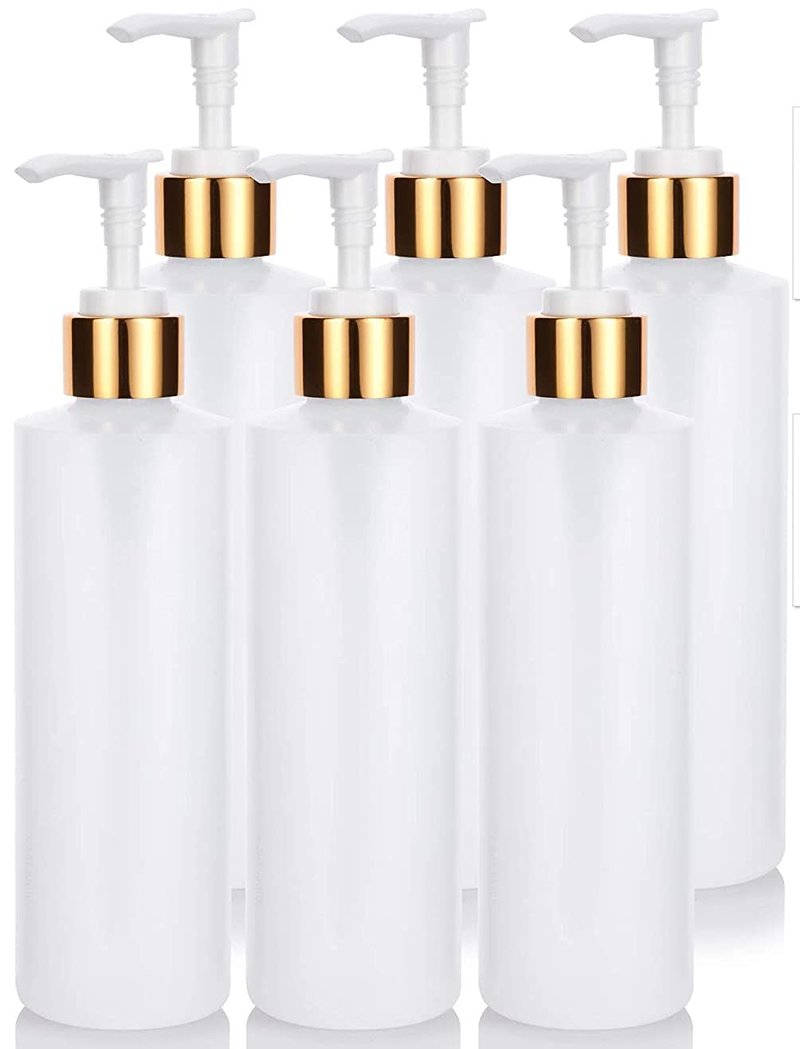 8 oz Clear Natural Refillable Plastic Squeeze Bottle with Gold Lotion Pump Dispenser (6 Pack)