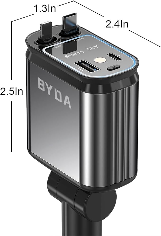 4 in 1 Retractable Car Charger with Starry Light,69W USB-C Fast Car Charger, for iPhone 17/16/15/14/13/12/11, Android,Pixel,Cigarette Lighter Charger (Lightning+USB-C & PurpleLight)