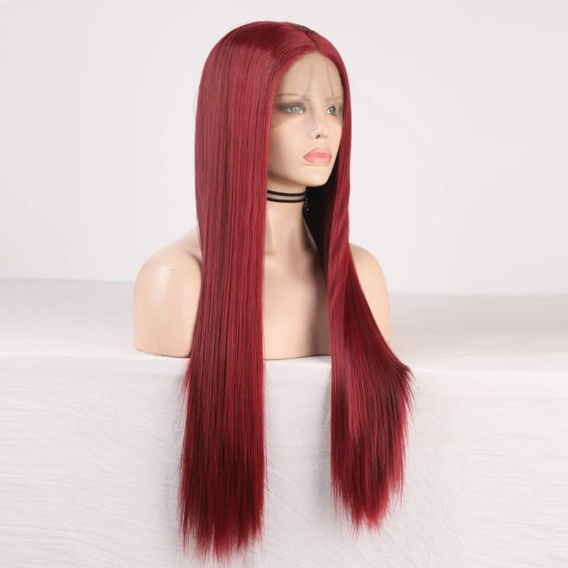 RDY Wine Red Wig Long Silky Straight Burgundy Synthetic Lace Front Wig for Women Cosplay Wig with Pastel Heat Friendly Fiber Glueless Wig Half Hand Tied Frontal Lace Wigs with Natural Hairline 20 Inch