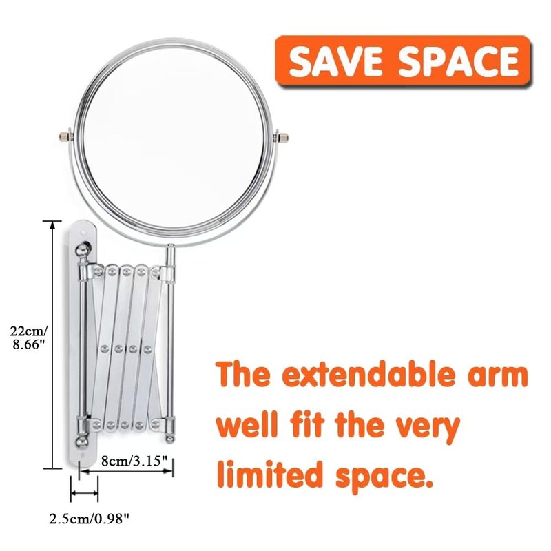 Welllink 8Inch Max Extendable Mirror for Bathroom, Space-Saving Screw Mount, 10X/1X Magnifying Mirror, HD Glass No Distortion Chrome, for Home Cloakroom Gift