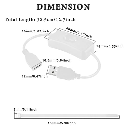 MKBKLLJY 4PCS USB Power Switch Cable USB 2.0 A Male to Female Extension Cord On/Off Adapter with Inline Rocker Switch with Cable Ties for Driving Recorder Small Desk Lamp LED Strip (White)