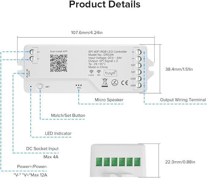 FCOB 2.4G WiFi SPI RGB Controller DR03W & RC03RF RF Remote Set, Control by Smart Life/Tuya APP/Alexa/Google Home, Control Support WS2812B WS2811 WS2813 WS2815 etc LED Strip STA Mode