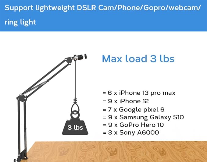 LenTok Overhead Tripod Mount for Camera Webcam Ring Light, Flexible Over Head Arm for iPhone with Phone Holder and Ball Head, Table Stand Accessory for Phone Video Recording Live Stream