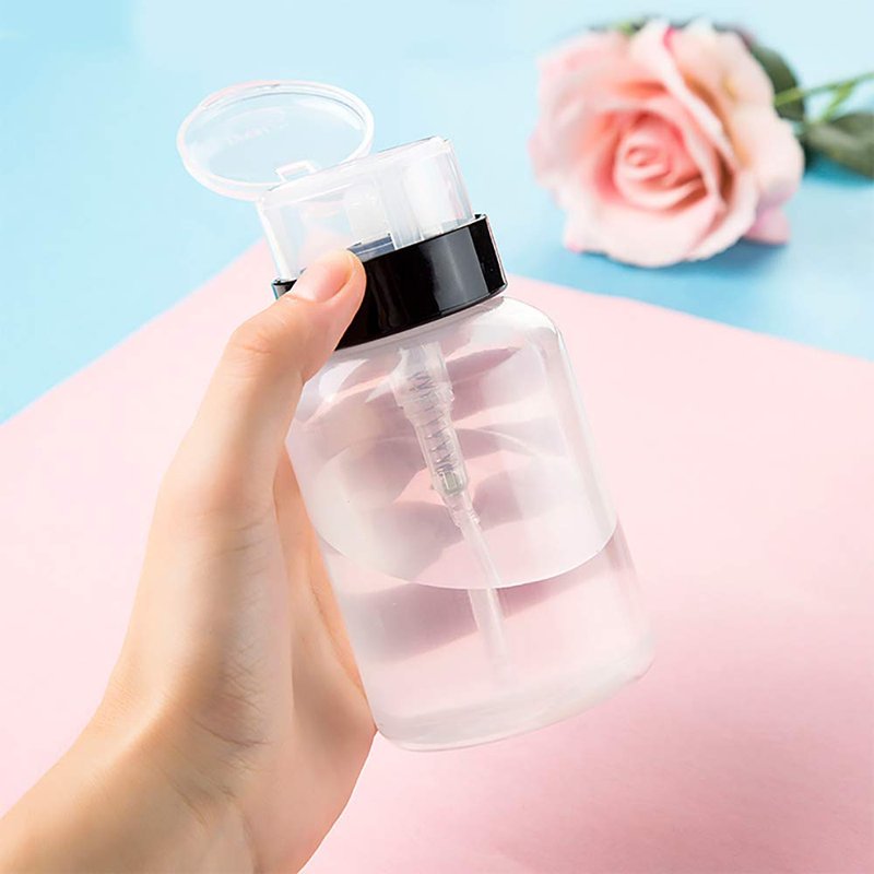 Hedume 16 Pack Push Down Empty Lockable Pump Dispenser Bottle, 6.8oz Professional Push Down Liquid Pumping Empty Bottle Dispenser for Nail Polish and Makeup Remover