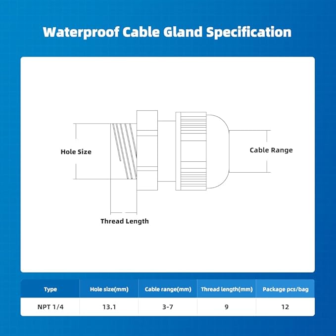 CGELE Cable Gland 12 Pack 1/4" NPT Waterproof Adjustable Connector Strain Relief Cord Connectors Joints Nylon with Gaskets…