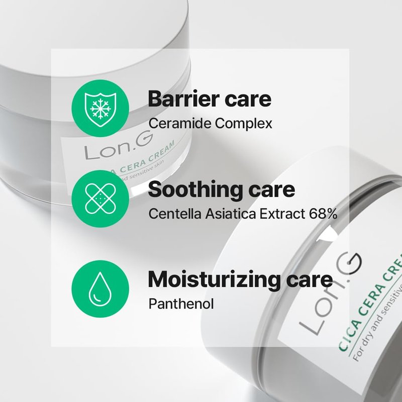LON.G Cica Cera Cream, Ultra moisturizing cream for dry and sensitive skin relief with Ceramide, Skin redness, Skin barrier, soothing Care, Centella Asiatica Extract, Korean skincare(1.69 oz / 50g)