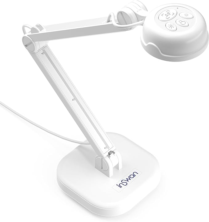 INSWAN INS-1 Classic USB Document Camera/Webcam – 8MP, Auto Focus, LED, Mic, Perfect for Desktop Teaching, Compatible with Windows/Mac/iPad/Chromebook, Ideal for Distance Learning & Live Demos, White