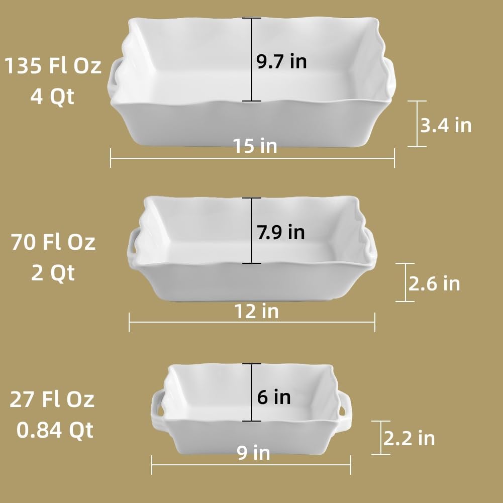 Sweejar Casserole Dishes - Ceramic Bakeware Set of 3 | Rectangular Baking Dish with Handles, White