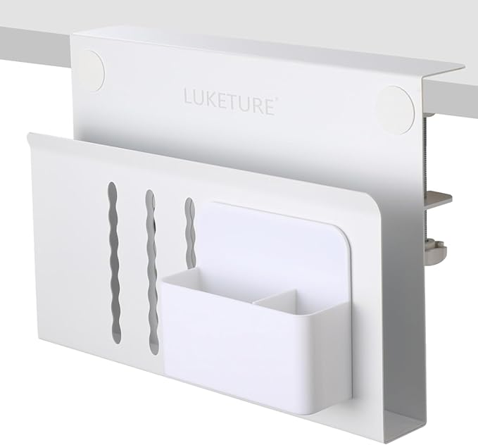 LUKETURE Laptop Holder, Steel Desk Side Storage, No Drill Standing Desk Accessories, Laptop Mount with Pen Holder, Back to School Supplies, Fits Flat Edge Tables 0.3" to 2.8" (White, M(1 Tier))