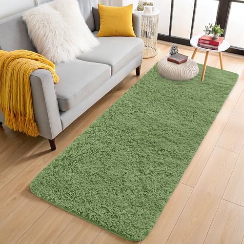OLANLY Runner Rugs - Machine Washable Soft Fluffy Shaggy Design for Hallway & Bedroom | Green 2x4 ft