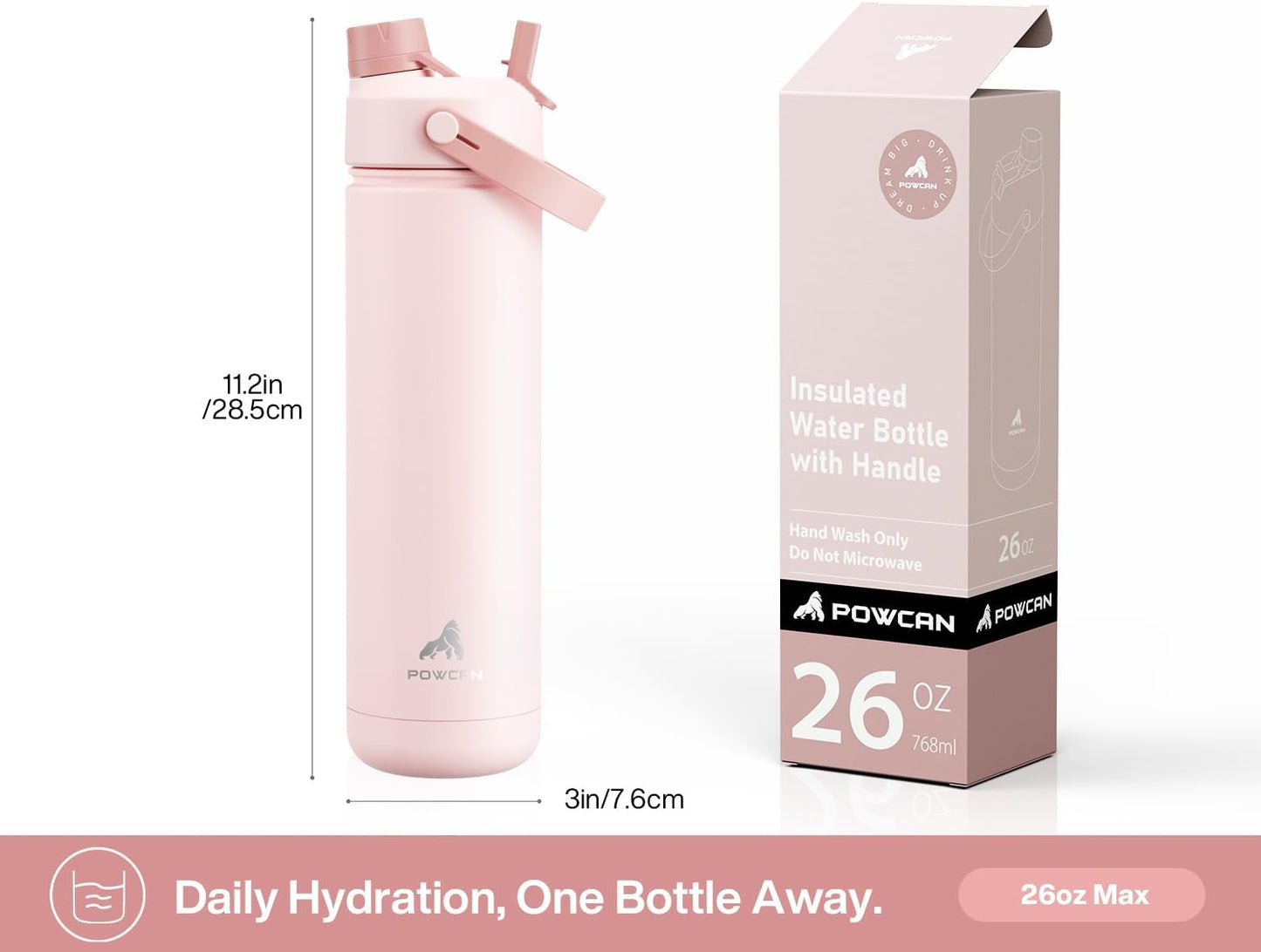 POWCAN Insulated Water Bottle - 26 oz with 2-in-1 Straw & Spout Lid | Keeps Drinks Cold 24H, Leak-Proof, Fits Car Cup Holder - Kiss Me Berry