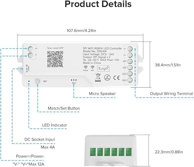 FCOB 2.4G WiFi SPI RGBW LED Controller DR04W, Smart Life/Tuya App, Alexa & Google Home Compatible, Works with SK6812, WS2814, Addressable RGBW Strips RC03RFB RF Remote for Wireless Control
