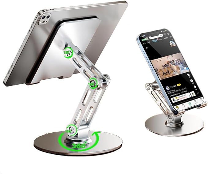 Adjustable Phone Stand for Desk,for 4.7-9.7 Inch Devices,360° Rotating Aluminum Alloy,Silver Compatible with ipad Tablet Kindle TAB Surface Cell Phone Stand Holder