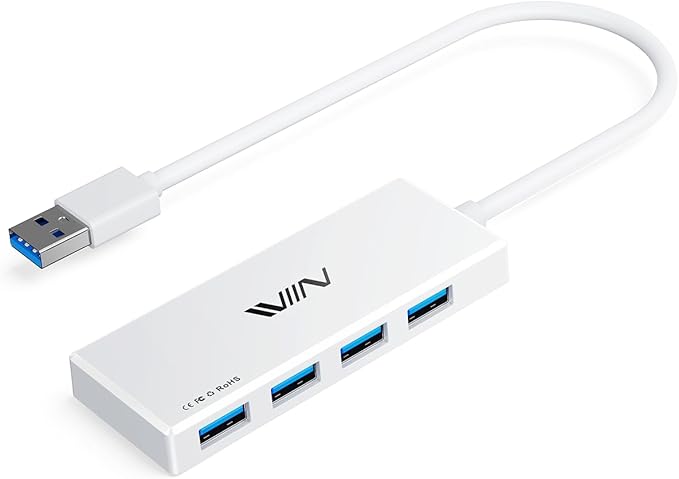 IVIIN USB 3.0 Hub, 4 Port USB Hub Splitter, USB A Expander Portable USB Adapter Multiport Data Hub for Laptop, iMac Pro, MacBook Air, Mac mini/Pro, Surface Pro, USB Flash Drives, and Mobile HDD-White