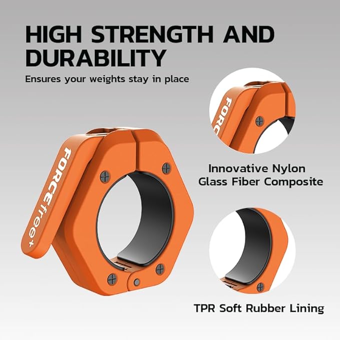 Forcefree+ Barbell Clips (Pair), Barbell Clamps, Quick Release Olympic Barbell Clamps with Anti Slip TPR Grip, Barbell Collars for Secure Weightlifting & Powerlifting (Non Magnetic, Orange)