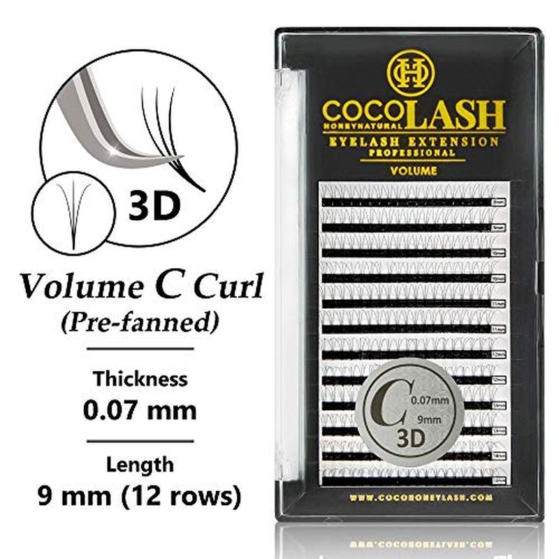 Coco Honey Eyelash Extensions - 3D Volume C Curl Faux Mink Lashes | 0.07mm Thickness, 9mm Length