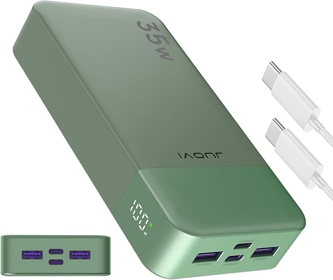 JUOVI J2651 Portable Charger, 35W 20000mAh USB C in & Out Power Bank, Battery Pack with QC4.0+PD3.0 35W High-Speed Charging for Bluetooth Earbud, Mobile Phone, Tablet (Green)
