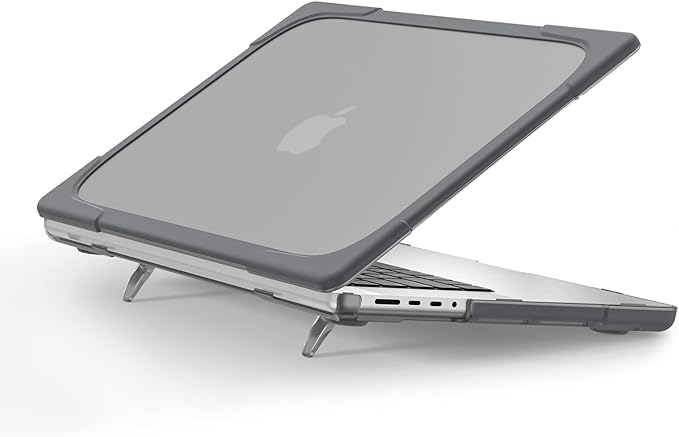 Batianda Heavy Duty Case for New MacBook Pro 16 inch 2026 M5 2024 M4 2023 M3 2021 M2 Pro Max Chip- Ergonomic Foldable Kickstand (Holds 22lbs/Zero Wobble) Matte Translucent Rugged Armor Cover, Gray