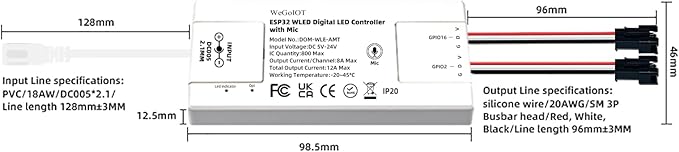 WeGoIOT ESP32 Ultra-Thin WLED Digital Light Strip Controller with Mic Sound Mode DC5-24V RGB IC Digital Dynamic Light WS2811 WS2812B SK6812 SM16703P Flexible DIY FCOB Addressable LED Strip