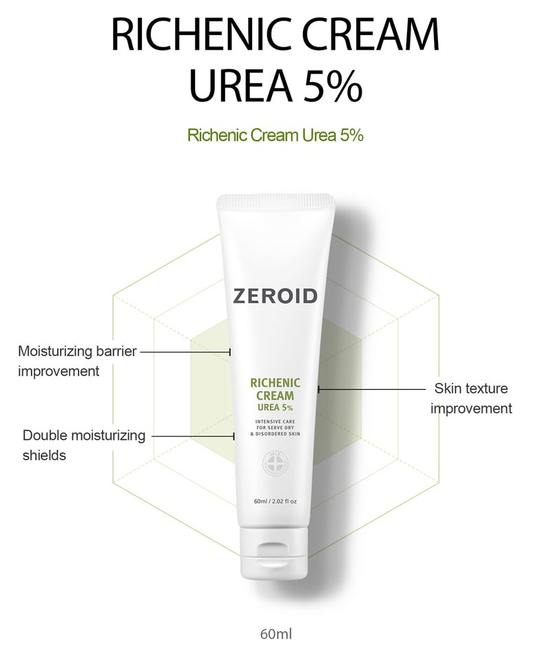 Zeroid Richenic Cream - Urea 5% Moisturizer for Dry Skin | Korean Dermocosmetic | 2 fl oz (60ml)