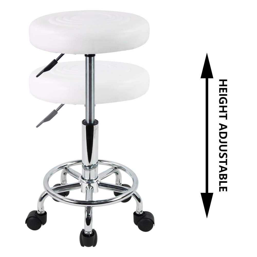 KKTONER PU Leather Modern Round Rolling Stool with Footrest Height Adjustable Spa Drafting Salon Tattoo Work Massage Stools Task Chair Small (White)