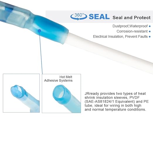 JRready 50Sets D-436 Series Heat Shrink Butt Splice Connector 20-16 AWG(D-436-37 M81824/1-2 Equivalent) IP68 Waterproof Blue Environmental Butt Splice with PVDF/PE Tubes ST6385-16-50 Wire Connectors