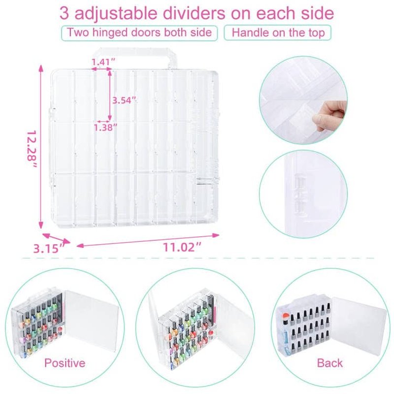 Nail Polish Organizer Case - Holds 48 Bottles | Adjustable Gel Storage with Space Dividers & Toe Separator