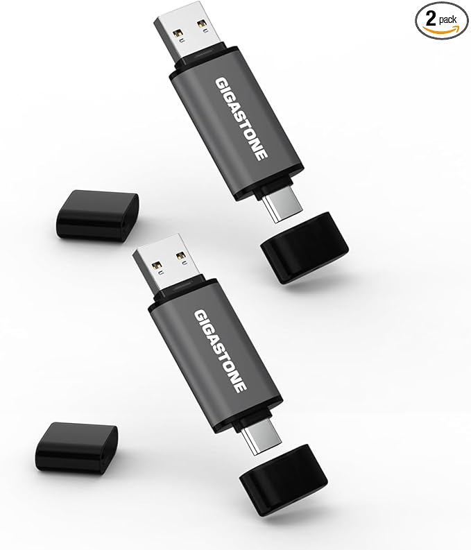 GIGASTONE 256GB Dual USB Flash Drive 2-Pack, USB 3.2 Gen 1, 2-in-1 USB C+A, Speed Up to 100MB/s, Head Cap Design Thumb Drive, Plug & Play for Smartphone/PC/Mac/TV/Car Audio, USB 2.0/3.0/3.1 Compatible