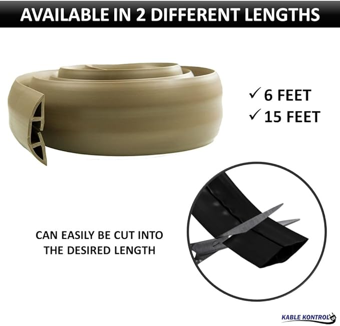 Kable Kontrol Floor Cord Cover kit - 6 Feet Long Tan Plastic Cable Protector, Hides Cords and Conceals Wires, for Extension Cord Cable Management, Channel Size 0.75” W x 0.43” H