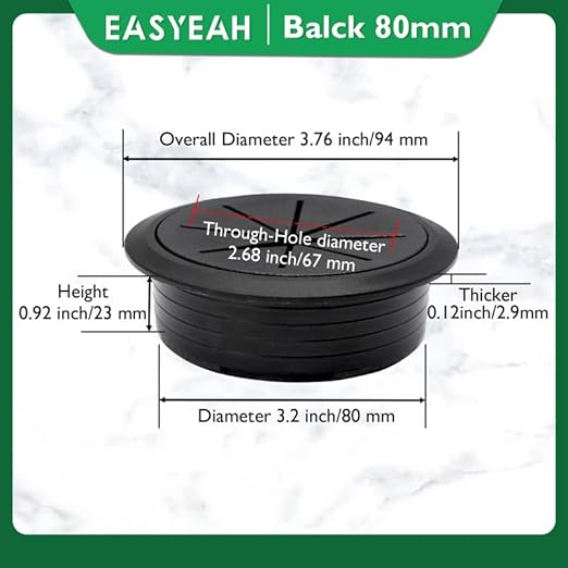 EASYEAH 2 Pcs Desk Grommet 3-1/8" / 80 mm, Desk Hole Cover for Cables Black, Cable Grommet ABS Plastic, Desk Hole Grommet for Home & Office Pc, Detachable Cable Cord Organizer
