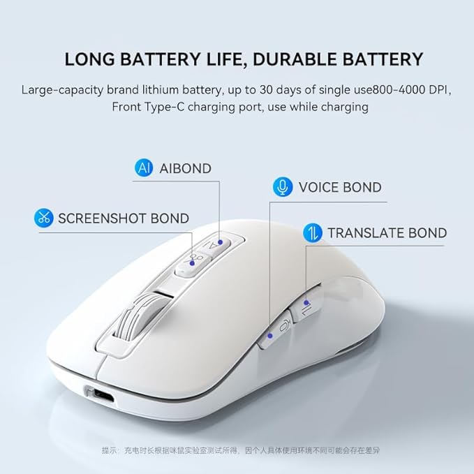MIMOUSE EM4AI White AI Mouse with Voice Typing, Ergonomic Wireless Mouse for PC/Laptop, 3 Devices Bluetooth Computer Mice for Lecture & Meeting, Windows Mac OS Compatible Portable Mouse Gadgets Gift