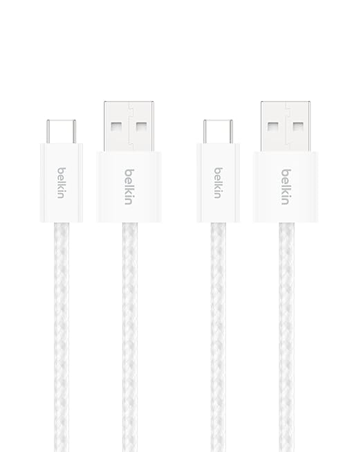 Belkin USB A to USB C Cable 2-Pack, 3.3ft, 15W - Type C Charger, iPhone Charger Cord, Soft, Braided, Flexible for iPhone 17 & 16, Galaxy S26, Pixel 10, iPad Pro, Airpods Pro, Switch & More - White